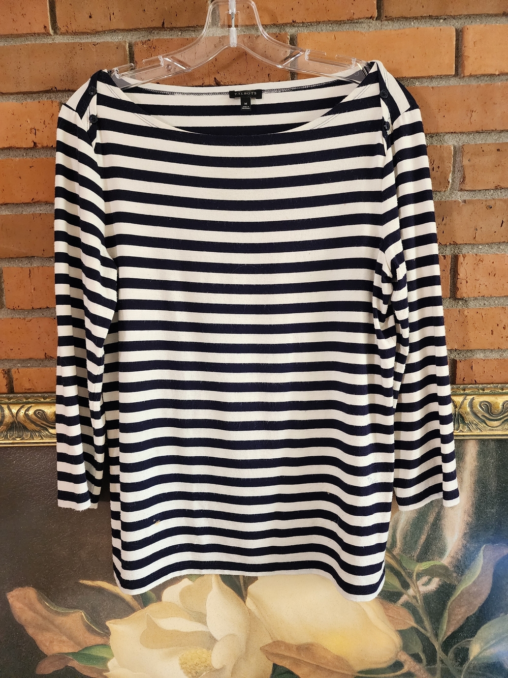 Talbots Black and White Striped Boatneck Top Medium